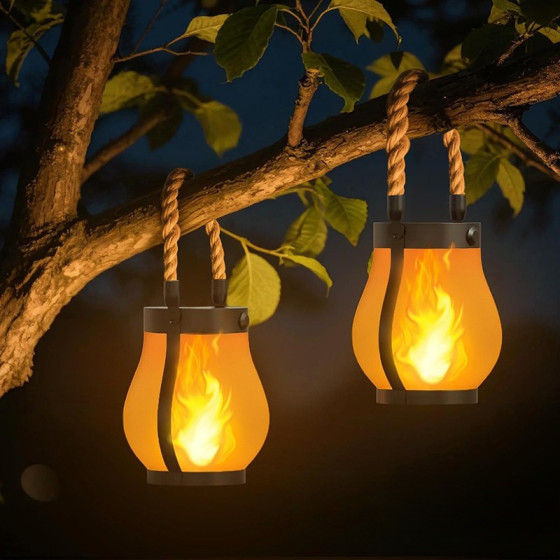 Solar Flame Lantern with Hemp Rope Handle - 2-Mode LED Outdoor Light